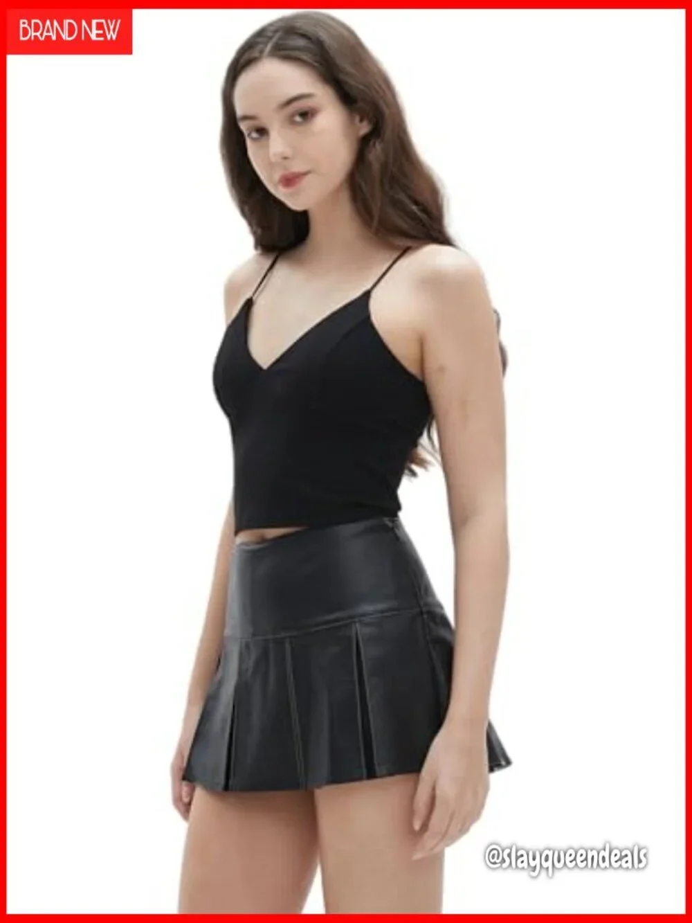 PU Faux Leather Pleated Mini Skirt, Mid-Low Waist, Regular Fit, Hand Wash